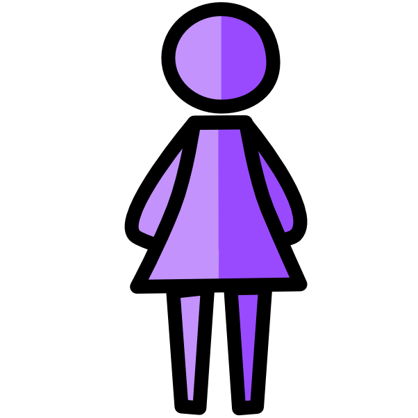 a simplified figure of a purple person that has a dress-shaped triangle body with the left half being a lighter purple. The image has black line art.
